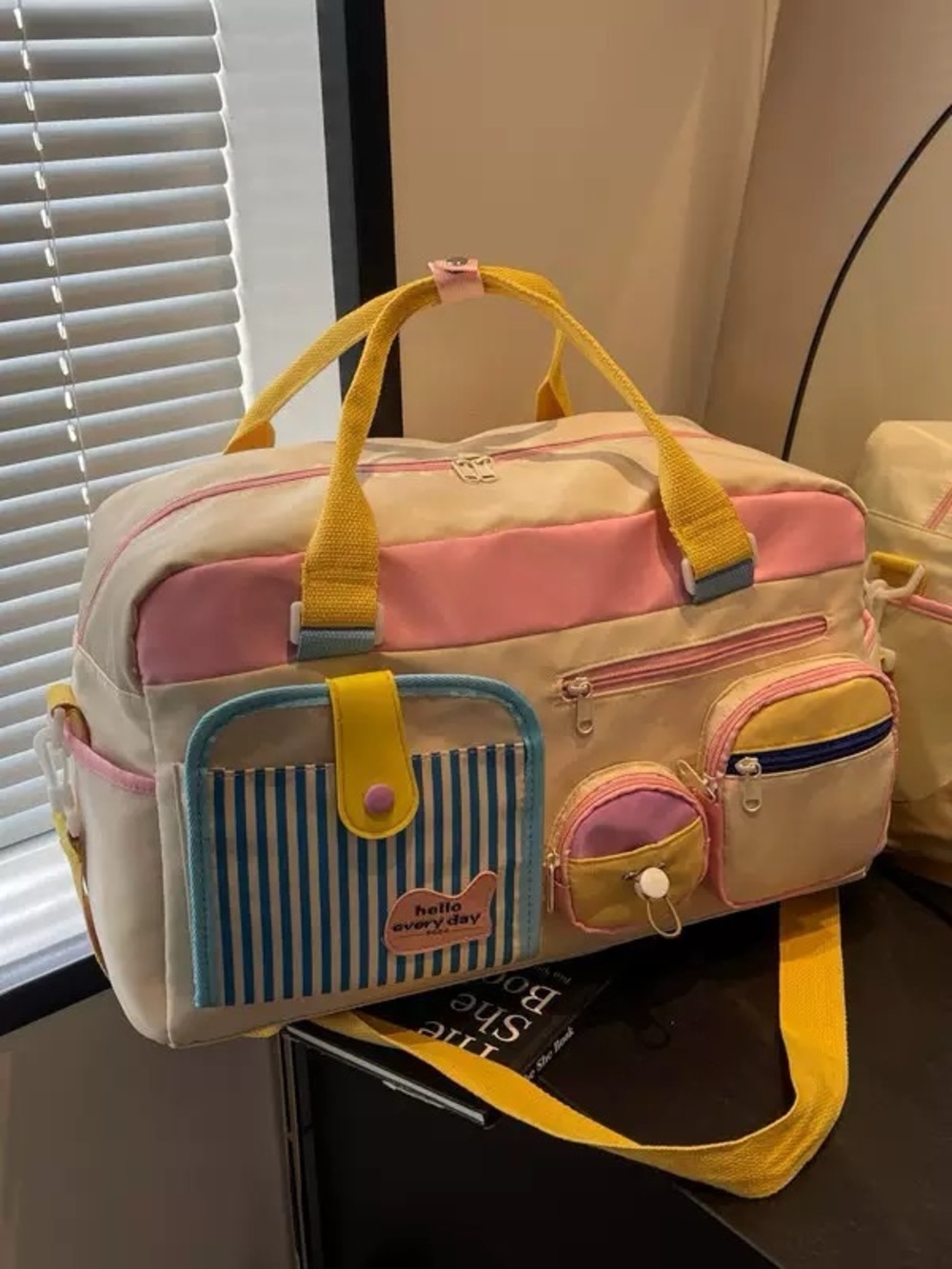 Multi-Pocket Pink and Yellow Weekend Bag